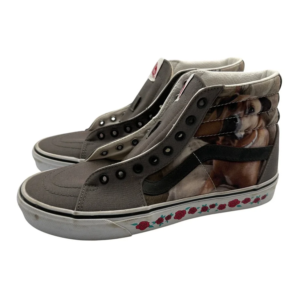 Vans Sk8-Hi Dog Print‎ High Top Skate Shoes Roses Gray Mens Size 9 Womens 10.5